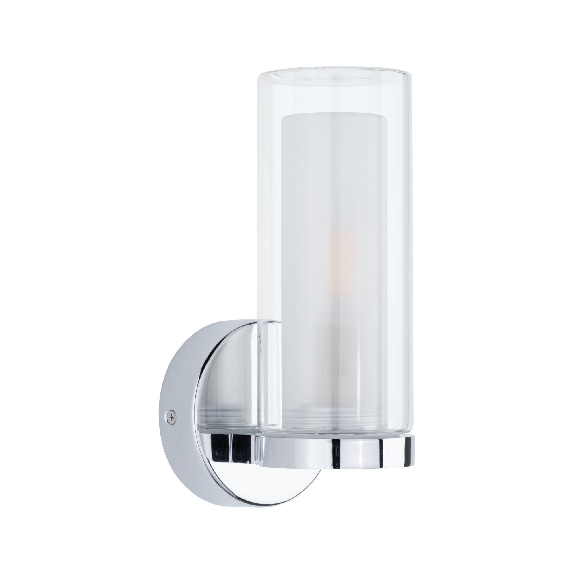 Modern wall light with chrome metal base and clear frosted cylindrical glass for indoor lighting