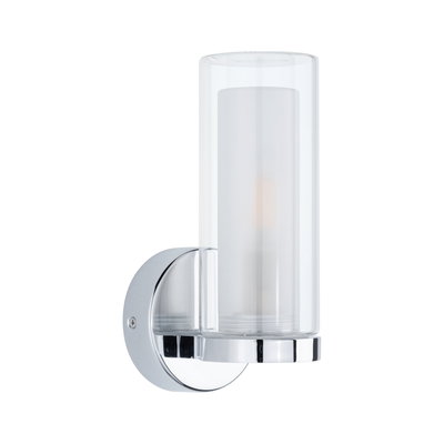 Modern wall light with chrome metal base and clear frosted cylindrical glass for indoor lighting