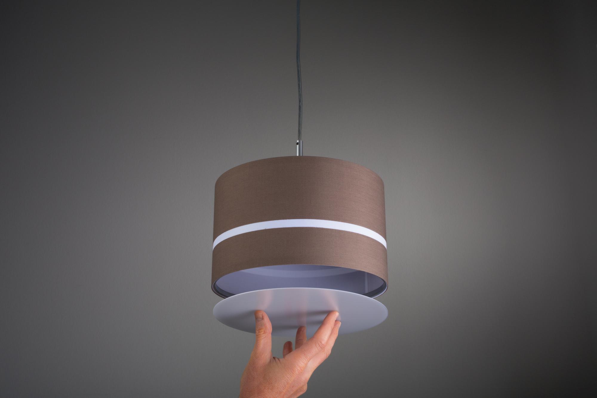 Brown fabric pendant lamp with white stripe and removable diffuser for modern interior lighting
