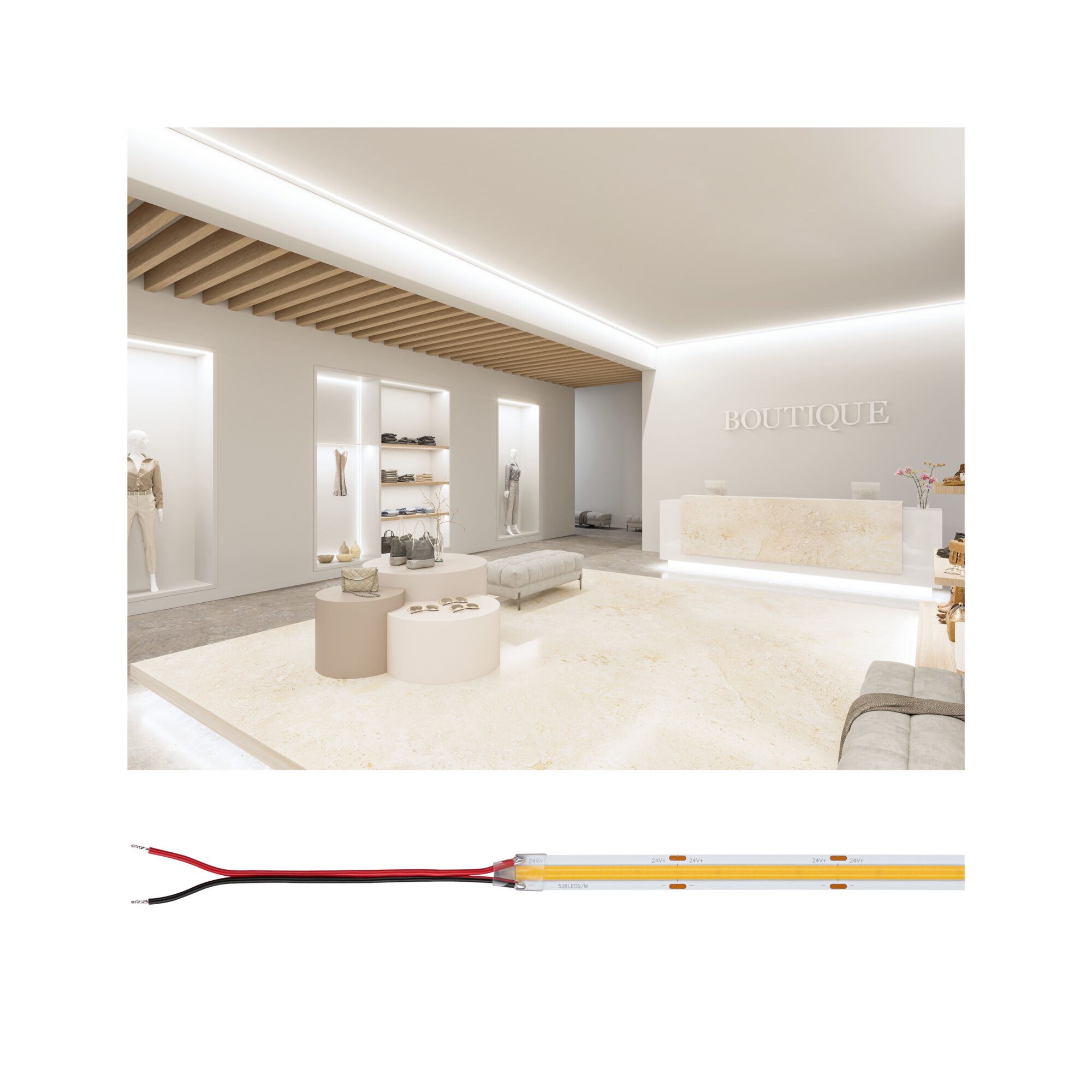 Pro Strip LED Strip Silver P150 COB 830 5m 68W 1270lm/m 528 LEDs/m 3000K Modern boutique interior with LED ceiling lighting and wooden slats in neutral tones