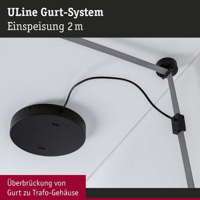 Schwarzes ULine Gurt-System mit 2 m Einspeisung zur Überbrückung von Gurt zu Trafo-Gehäuse