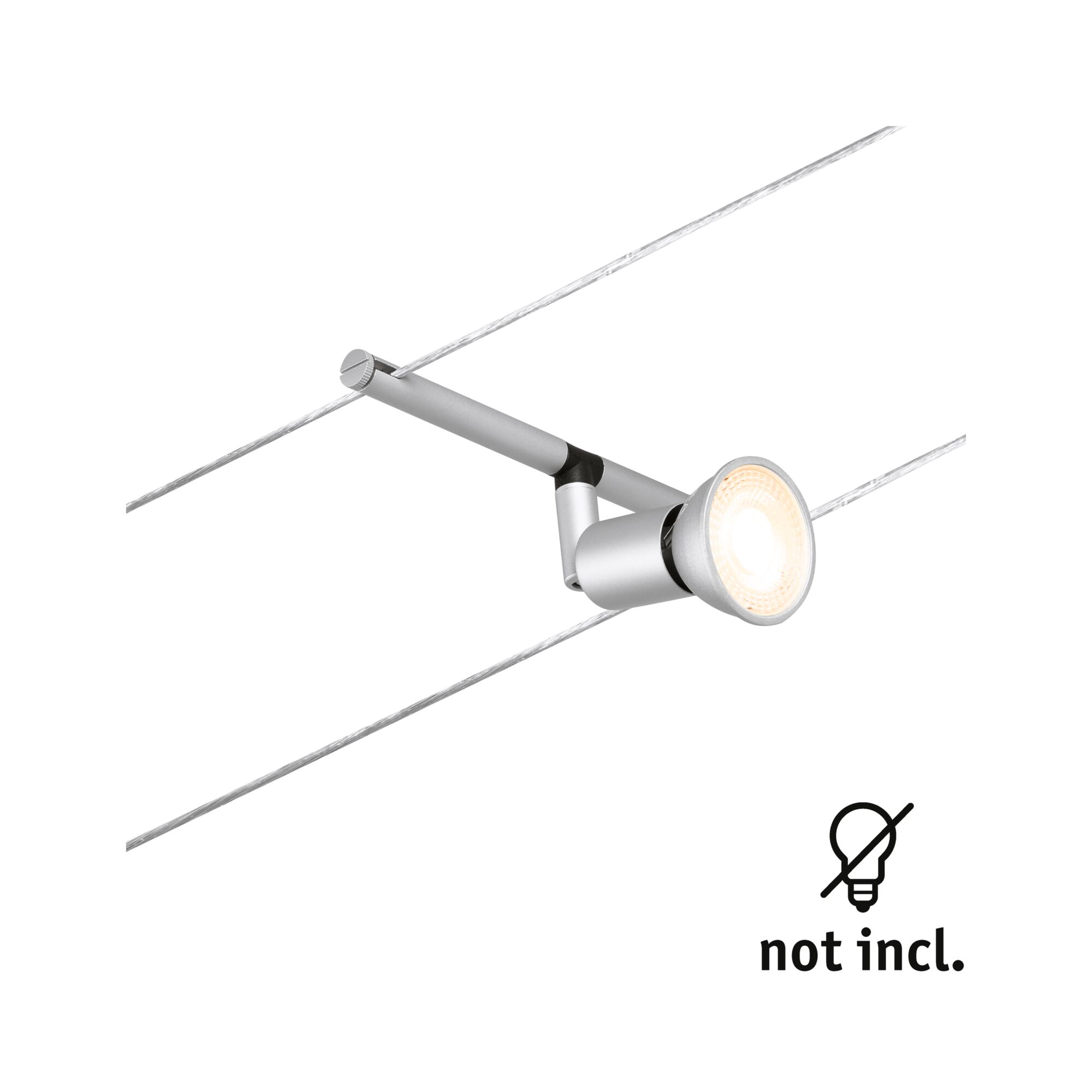 Silver metal LED cable spotlight with warm white light, modern lighting fixture without bulb included