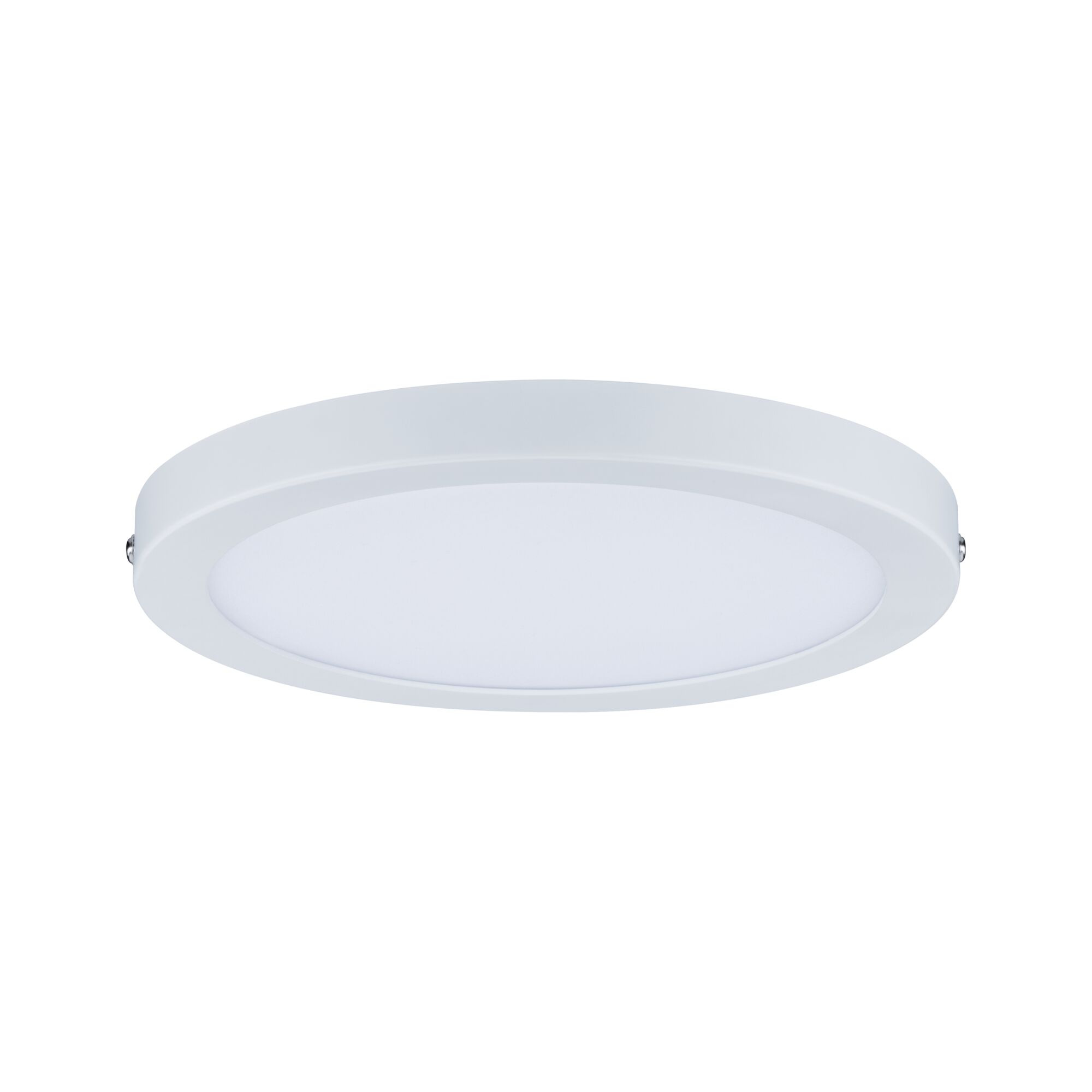Round white LED ceiling panel with matte plastic frame for modern room lighting