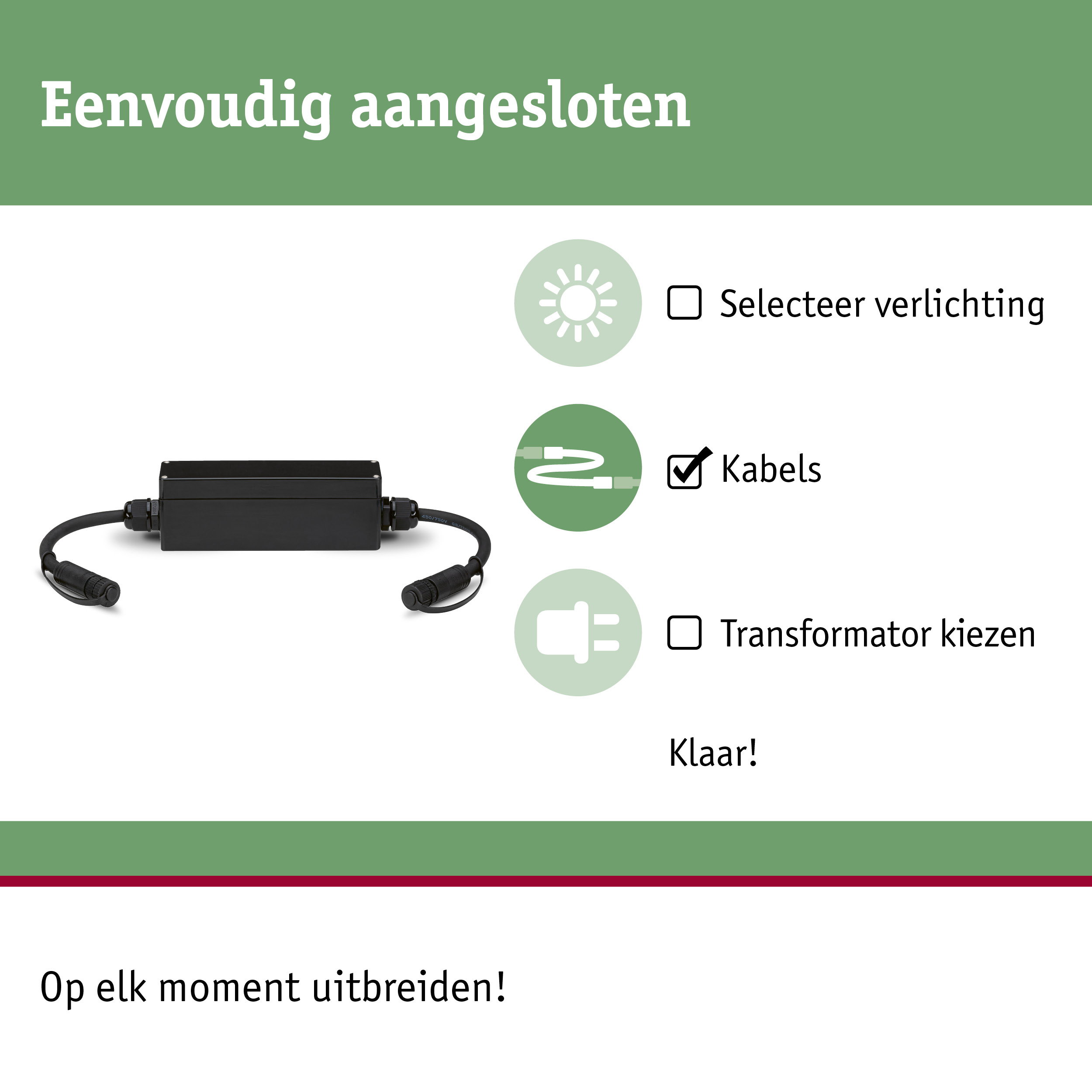 Zwart kabelverbindingshuis met stekkers voor flexibele verlichtingsinstallatie