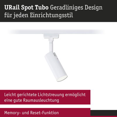 Weißer URail Spot Tubo LED-Strahler mit geradlinigem Design und Memory-Funktion für moderne Raumbeleuchtung