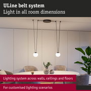 Modern ULine lighting system with black cables and white globe lamps above dining table in living room