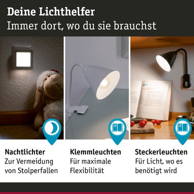 Drei Lichthelfer: Nachtlicht, weiße Klemmlampe und schwarze Steckerleuchte für flexible Beleuchtung.