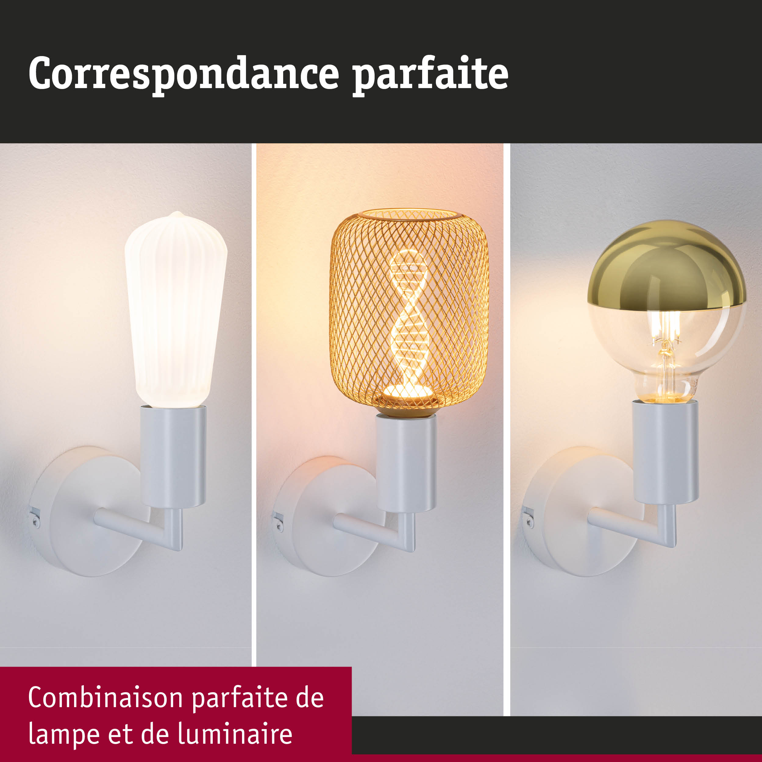 Trois appliques murales modernes avec bras en métal blanc et abat-jours variés en blanc, or et treillis métallique