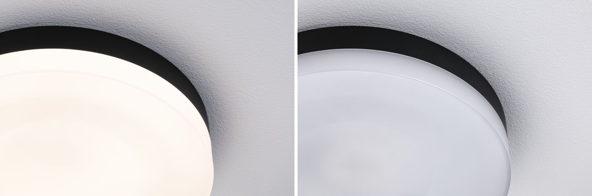 Modern round ceiling light with black metal frame and white diffuser, LED lighting fixture