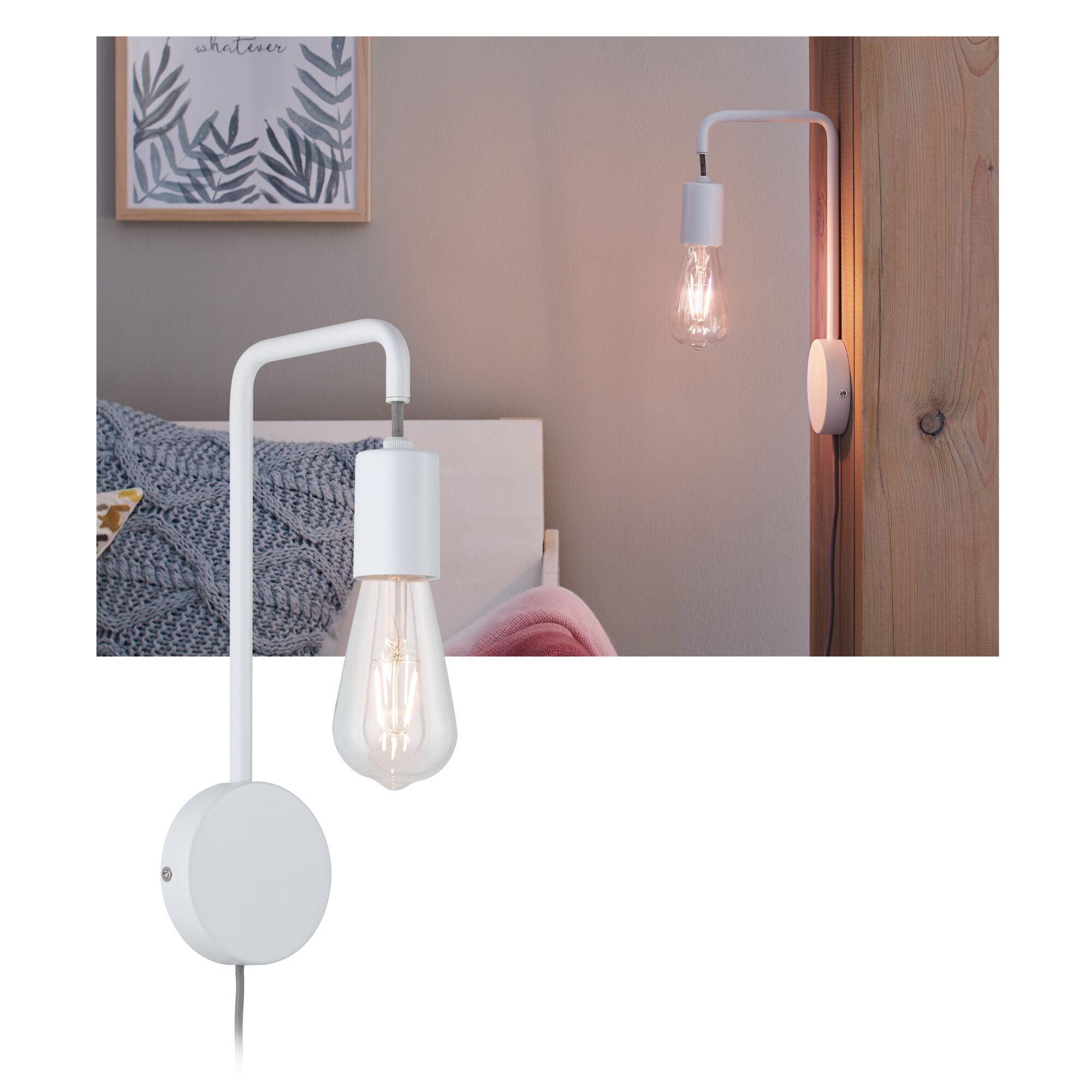 Wandlamp Calvani E27 230V max. 40W dimbaar Wit Witte metalen wandlamp met zichtbare gloeilamp voor sfeervolle slaapkamerverlichting
