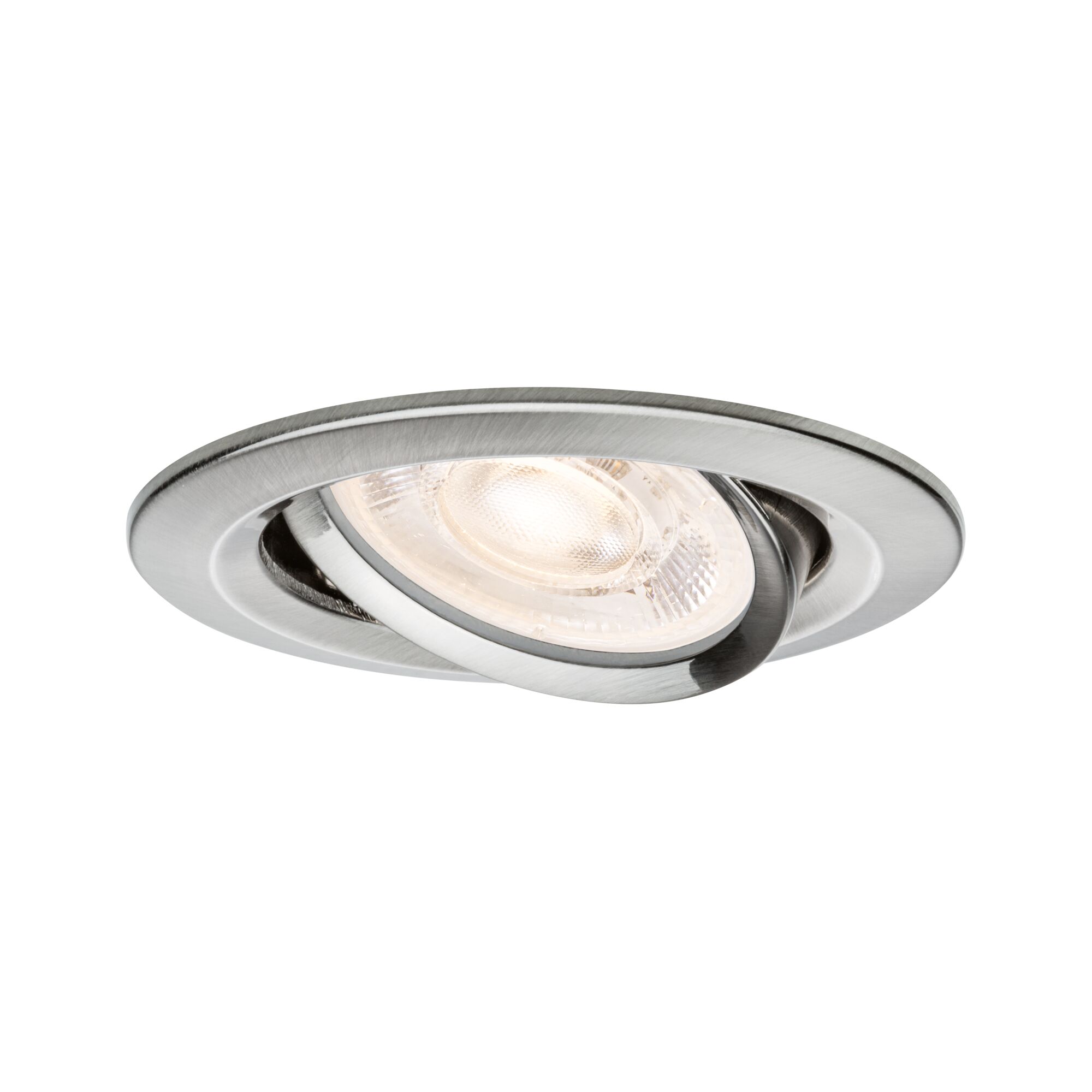 Runder Einbaustrahler aus gebürstetem Edelstahl mit warmweißem LED-Licht für moderne Innenbeleuchtung