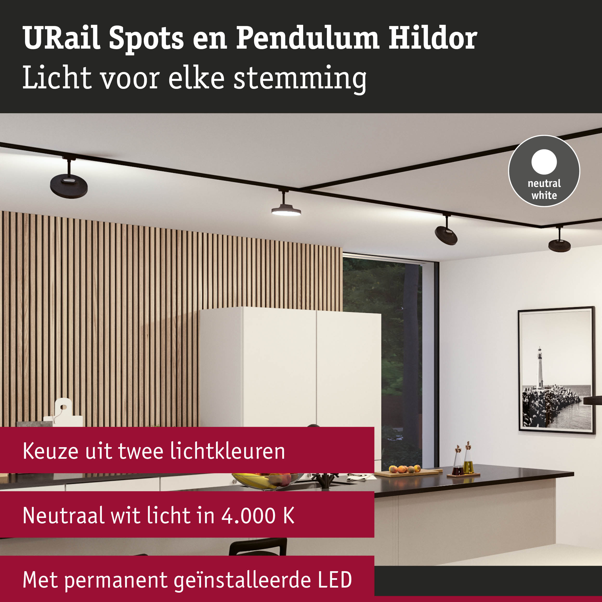 Moderne zwarte URail Spots en Pendulum Hildor LED-plafondlampen met neutraal wit licht in keuken