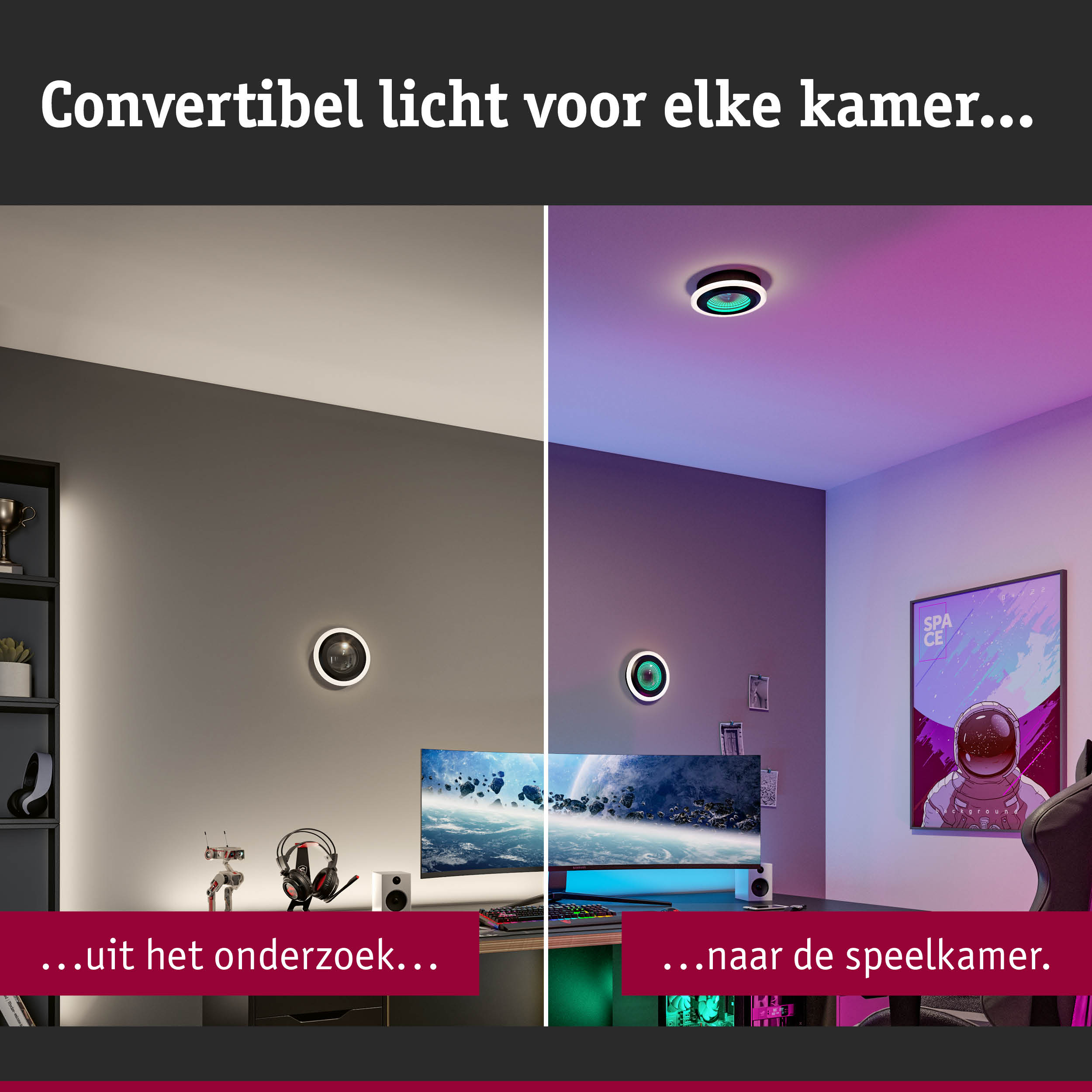 Wand- en plafondlamp met witte LED-ring, omkeerbare verlichting voor werk- en speelkamer.