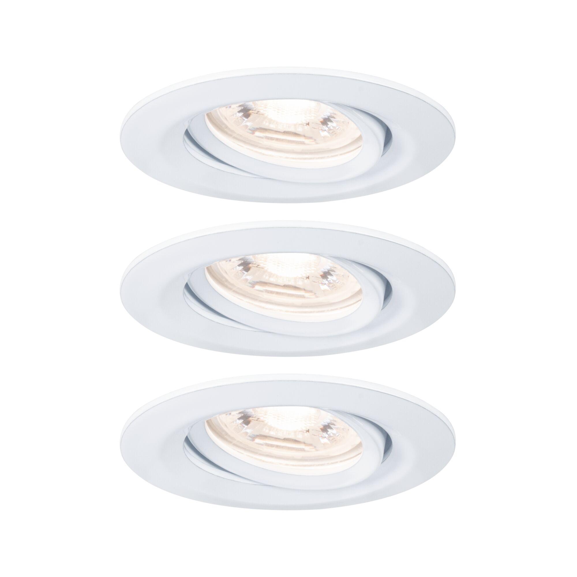 Three white metal recessed spotlights with adjustable heads for flexible LED lighting solutions.