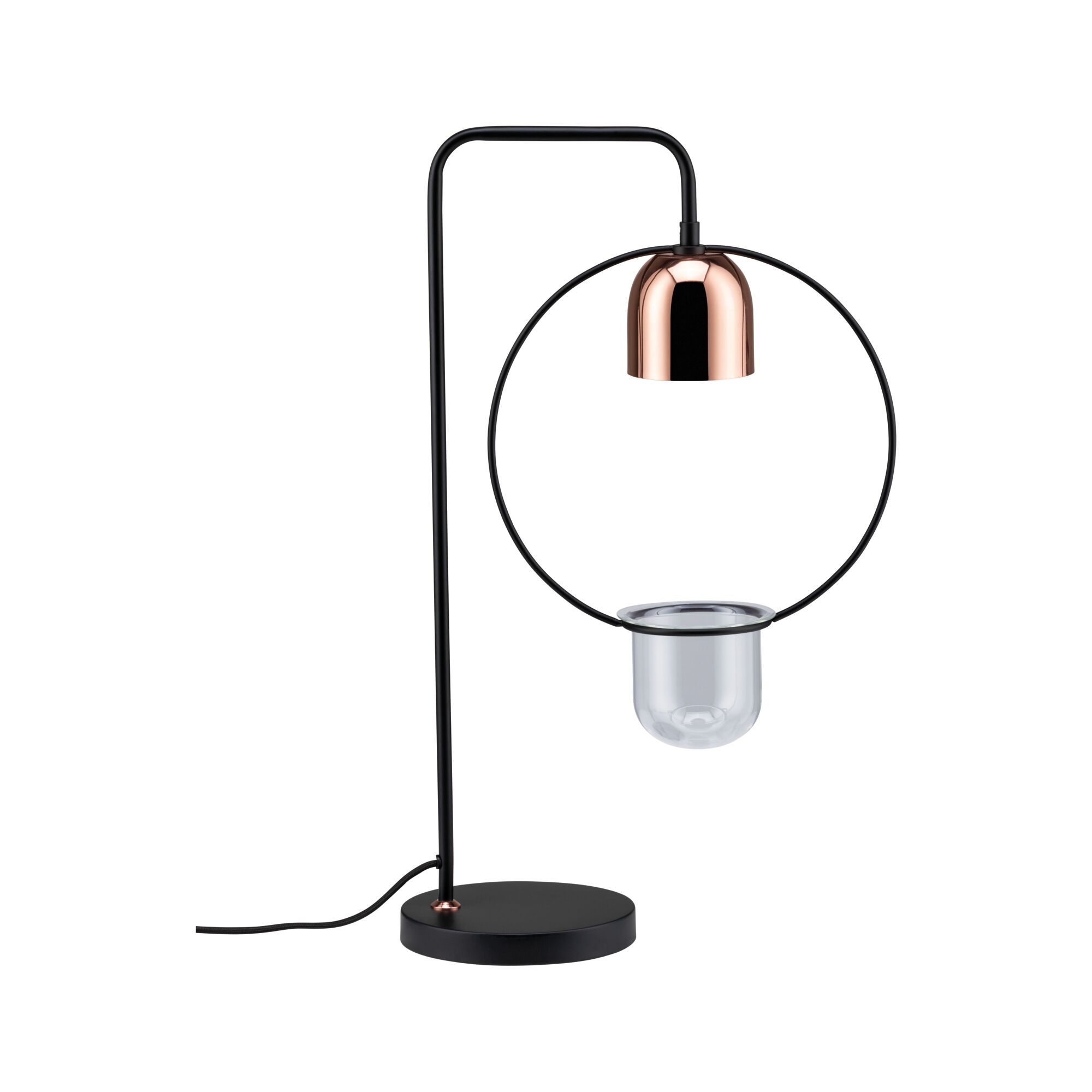 Moderne zwarte metalen tafellamp met koperen kap en helder glazen houder voor stijlvolle verlichting