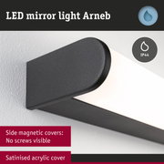 Black LED mirror light Arneb with satinised acrylic cover and magnetic side covers without visible screws