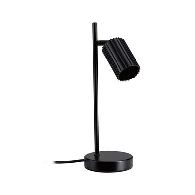 Black metal desk lamp with ribbed shade and round base for modern lighting and office use
