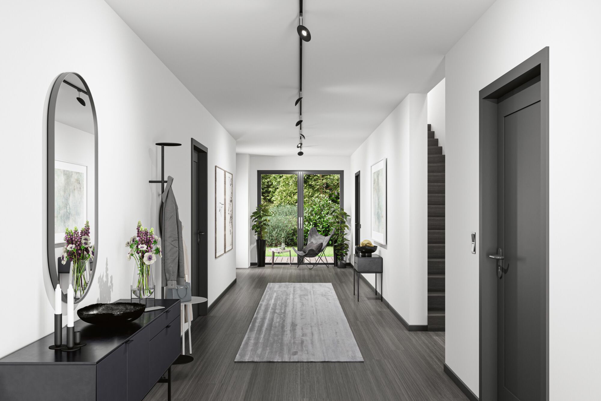 Modern hallway with grey flooring, black doors, mirror, and minimalist ceiling lights for stylish interiors