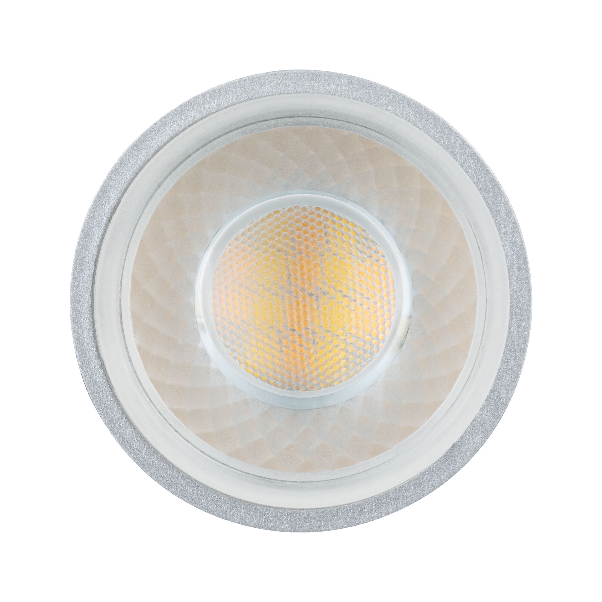 Runde LED-Einbauleuchte mit silbernem Aluminiumgehäuse und warmweißem Licht für Wohnräume