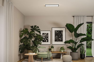 Modernes Wohnzimmer mit grüner Polsterung, Holzbeistelltisch, großen Zimmerpflanzen und minimalistischer Deckenleuchte