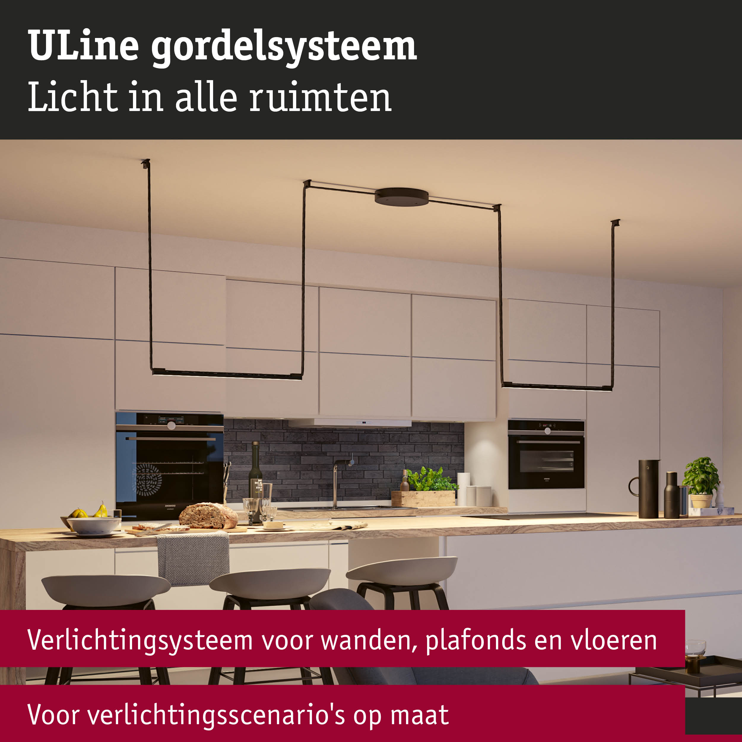 Modern zwart ULine LED-gordelsysteem boven keuken eiland voor veelzijdige verlichting