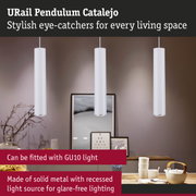 Three white URail Pendulum Catalejo metal pendant lights with glare-free lighting for living spaces