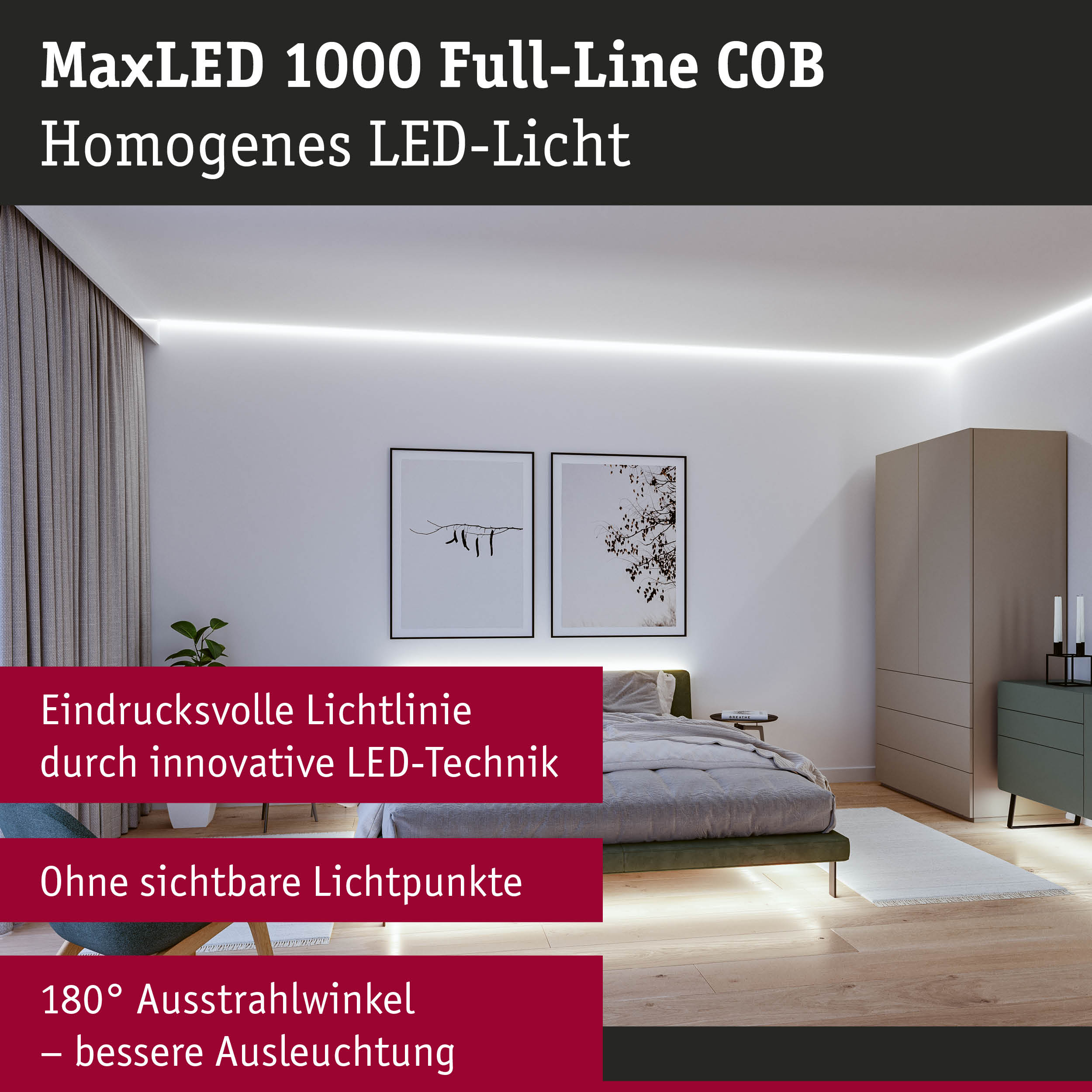 MaxLED 1000 Full-Line COB LED-Lichtlinie in modernem Schlafzimmer mit indirekter Beleuchtung