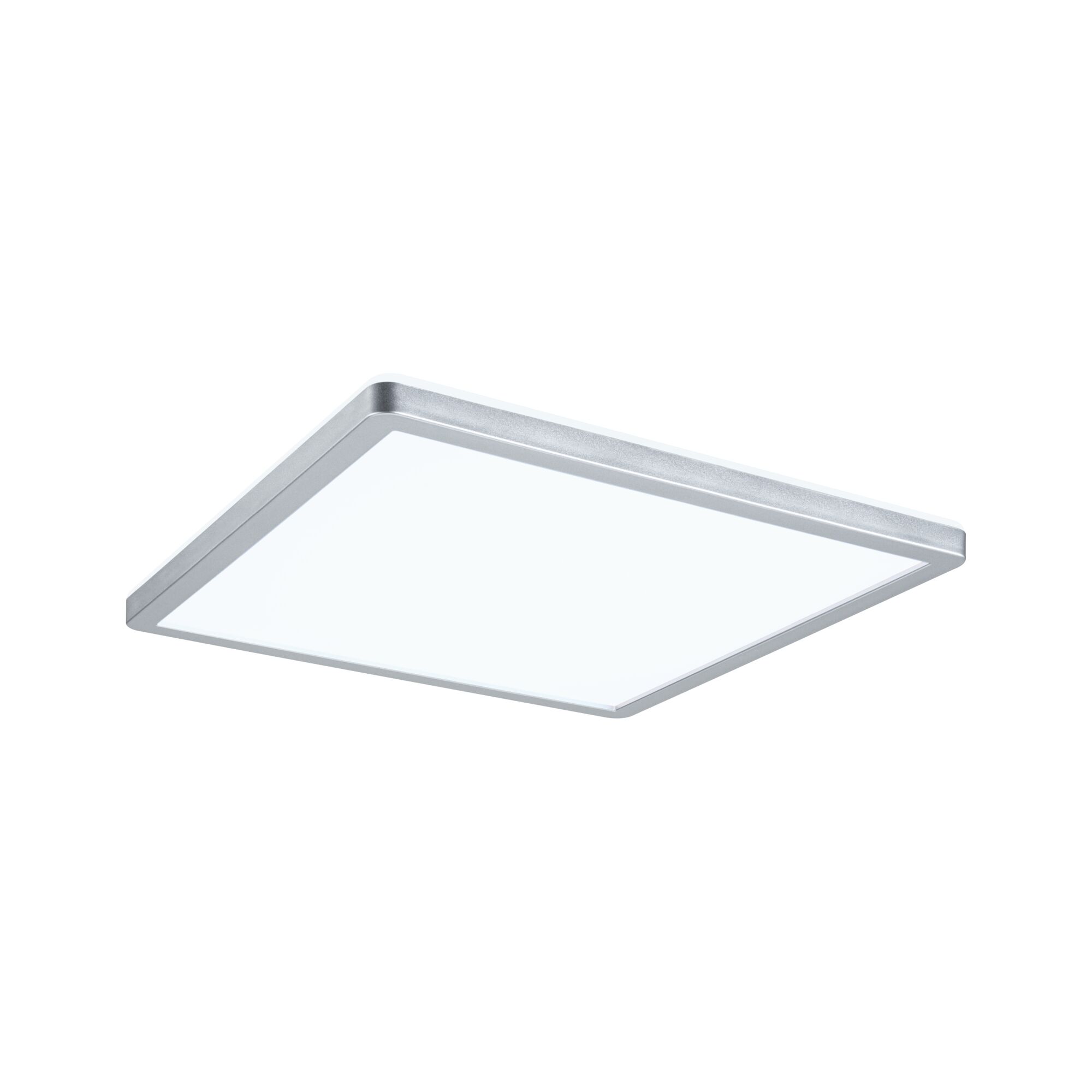 Square LED ceiling light with silver aluminium frame and white diffuser for modern room lighting