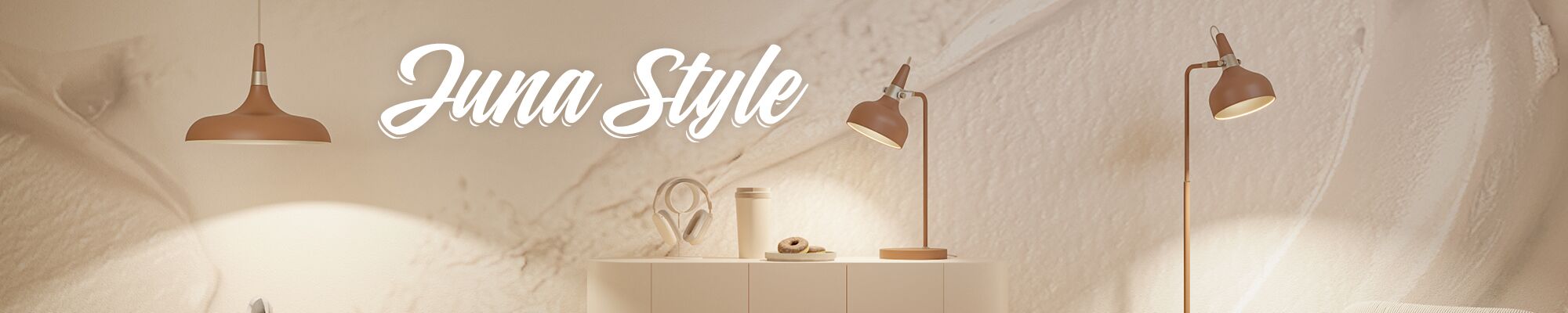 Beige Juna Style metalen lampen met warm licht op dressoir in moderne kamer