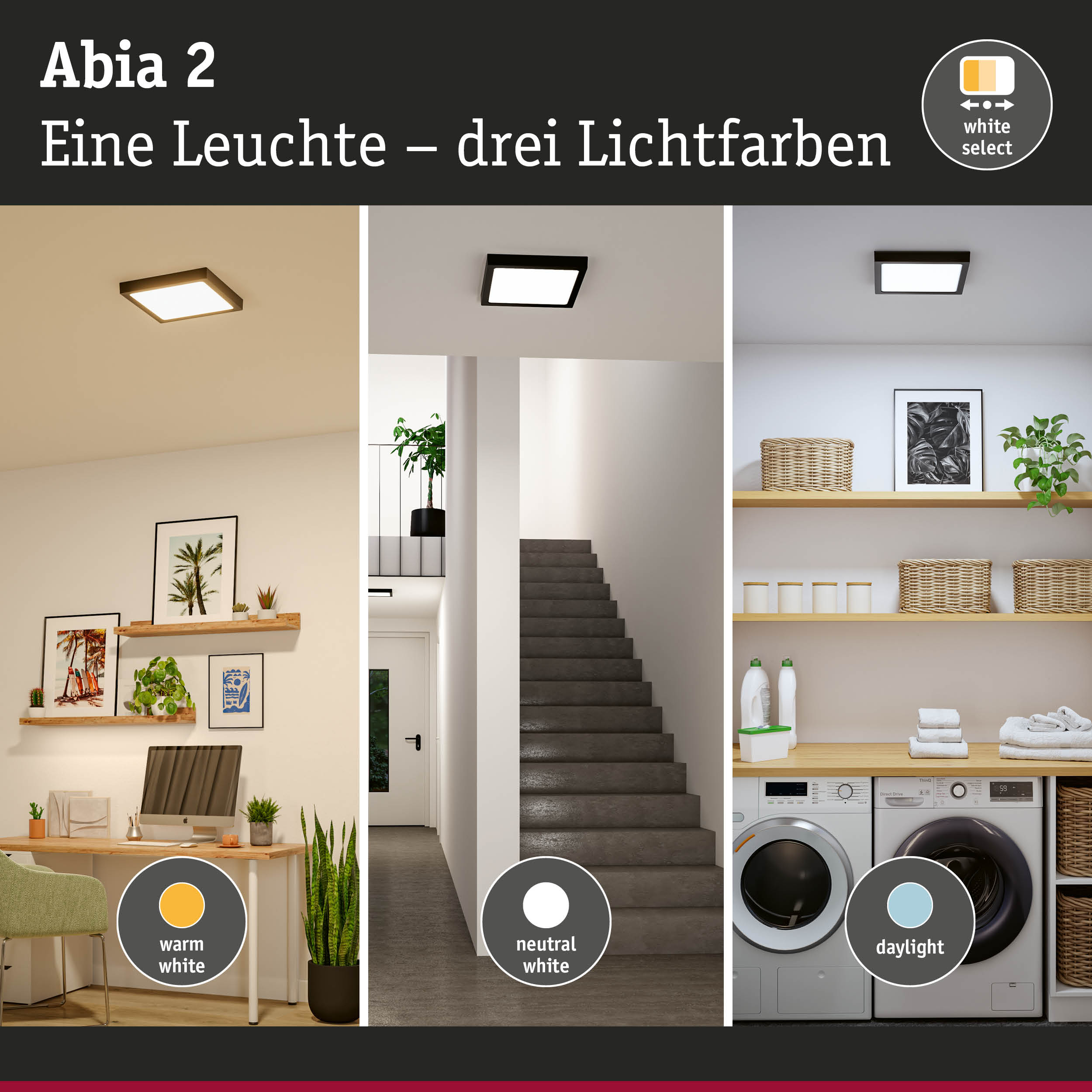 Abia 2 LED-Deckenleuchte mit drei Lichtfarben warmweiß, neutralweiß und tageslicht für Wohnräume