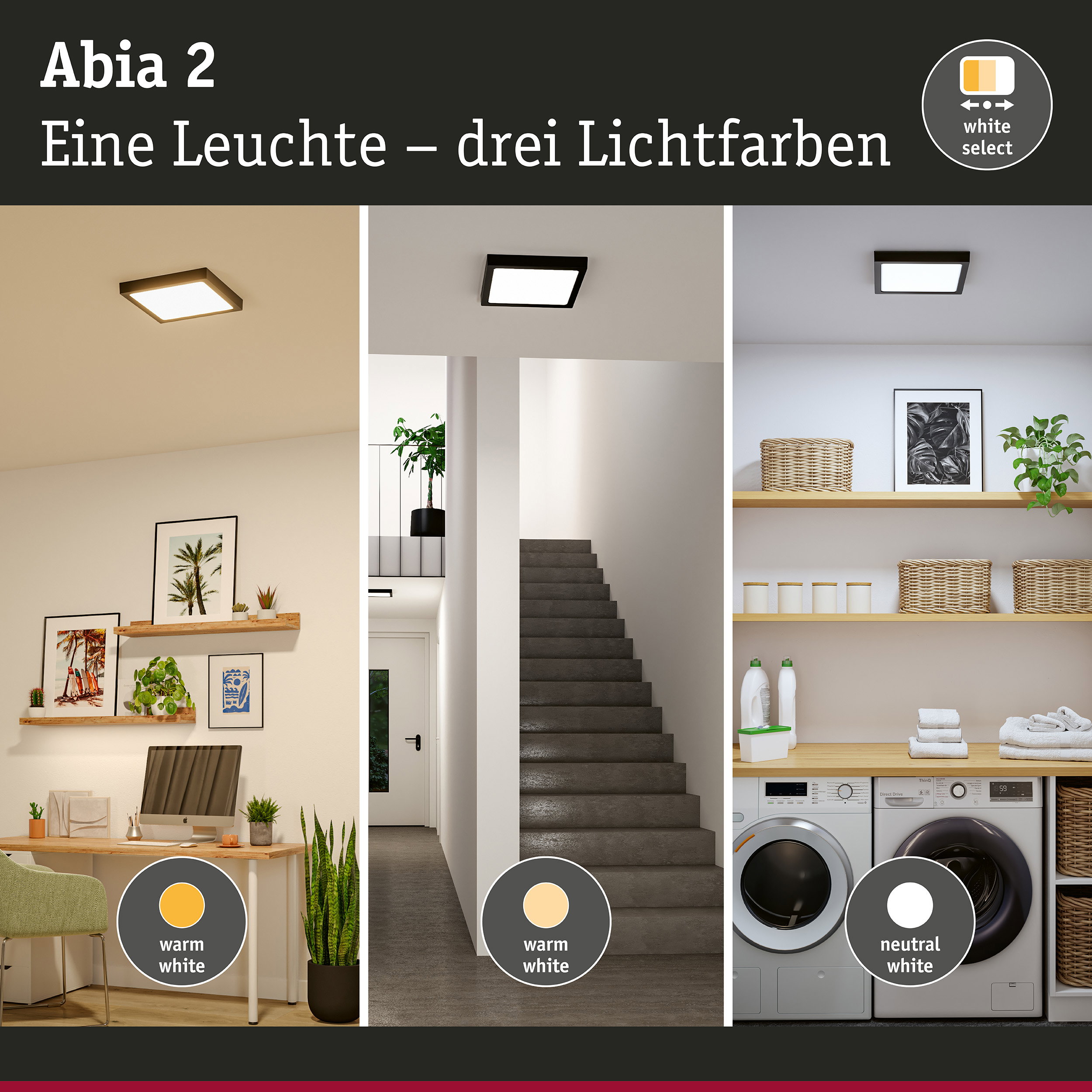 Abia 2 LED-Deckenleuchte mit drei Lichtfarben warmweiß, neutralweiß und tageslicht für Wohnräume