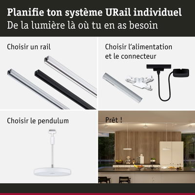 Système modulaire URail avec rails en aluminium, alimentation et pendule blanc pour éclairage personnalisé