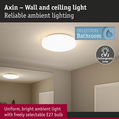 Axin round white wall and ceiling light for bathroom with E27 bulb socket and bright ambient lighting
