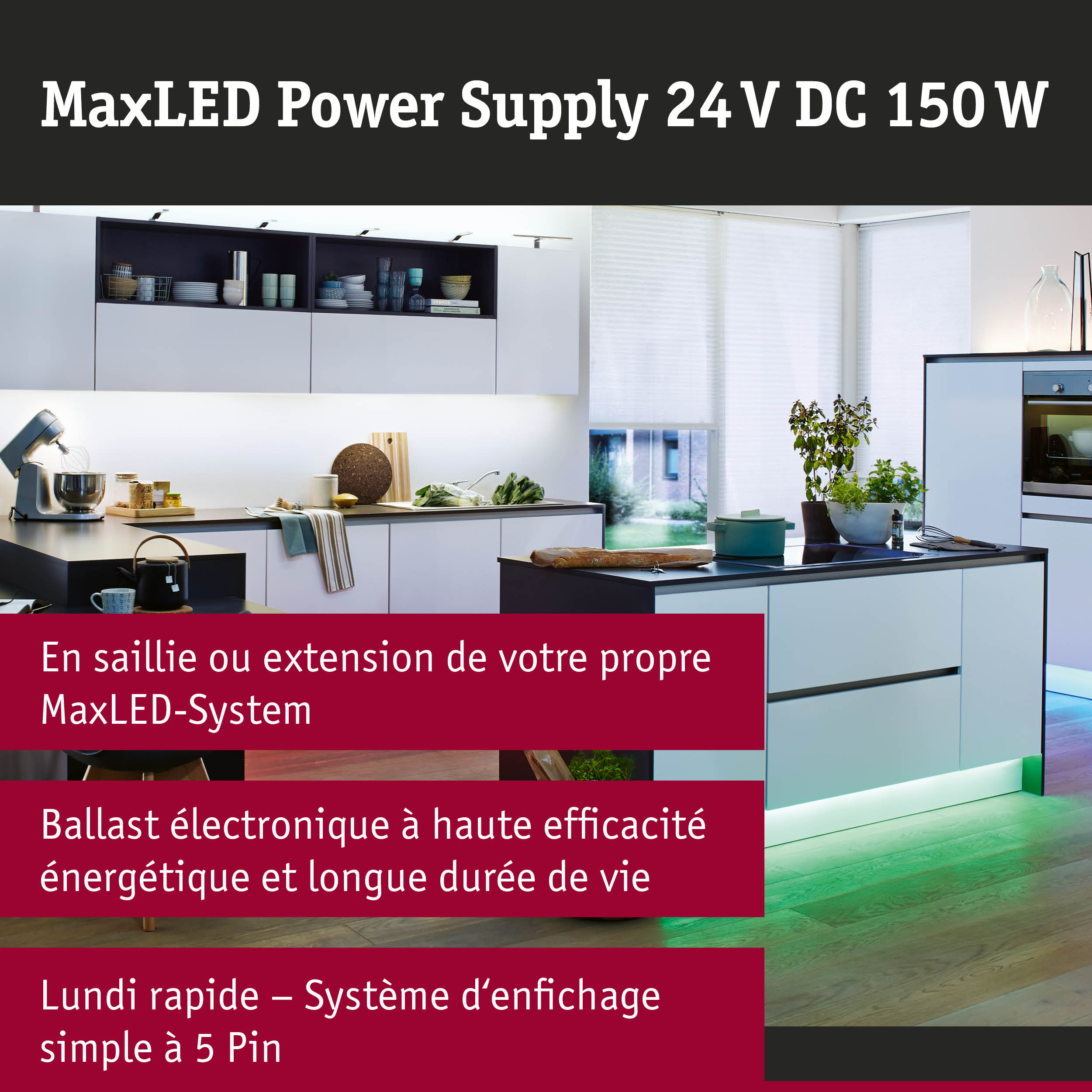 Cuisine blanche moderne avec éclairage LED et îlot central avec accent lumineux vert sur sol en bois