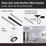 Anleitung zur Planung eines URail-Systems mit Schienen, Einspeisung, Verbindern und weißen Spots für Wohnraumbeleuchtung