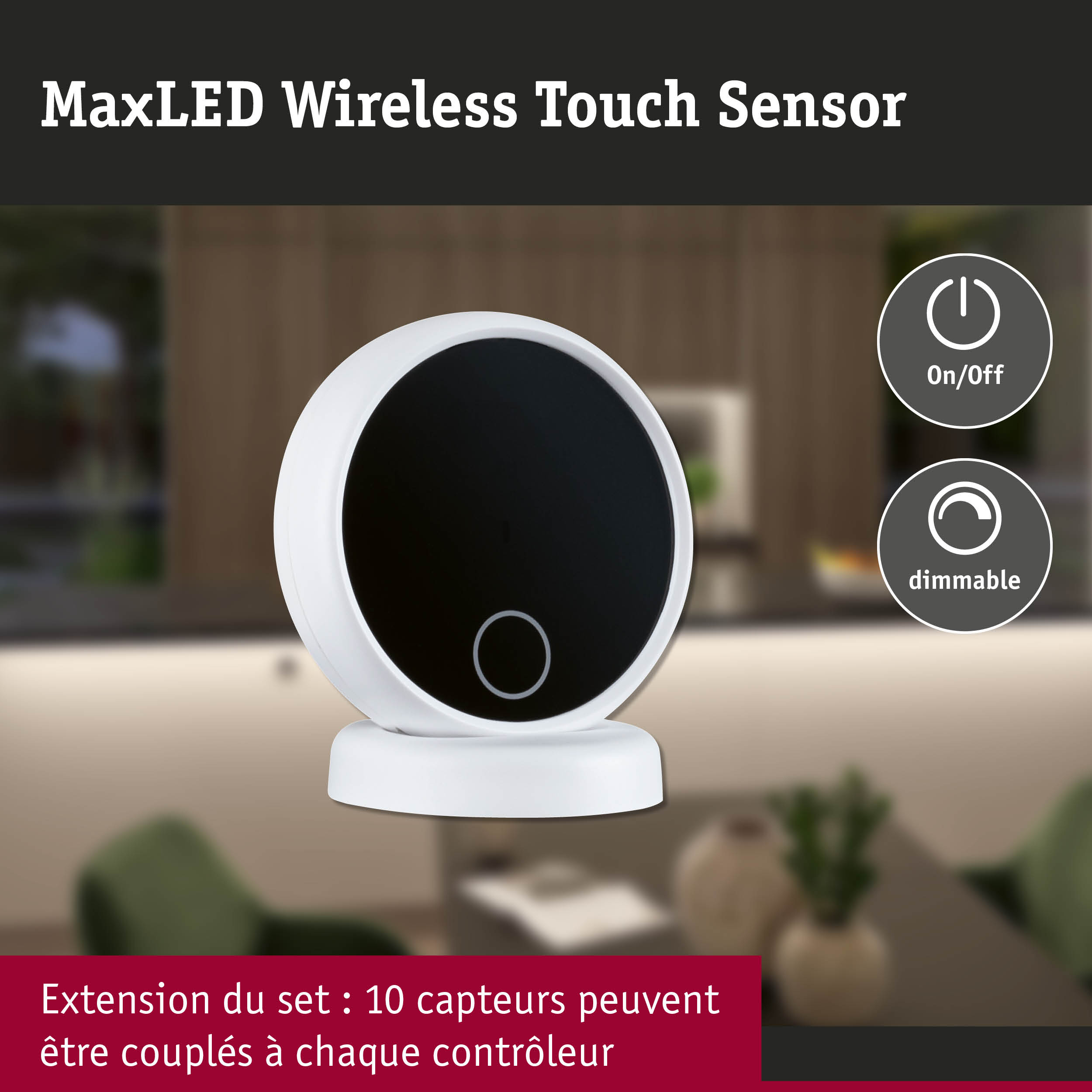 Capteur tactile sans fil MaxLED blanc et noir avec fonction dimmable marche/arrêt pour éclairage LED