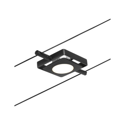 Spot LED noir sur câble avec design carré et lumière blanc chaud pour éclairage moderne.