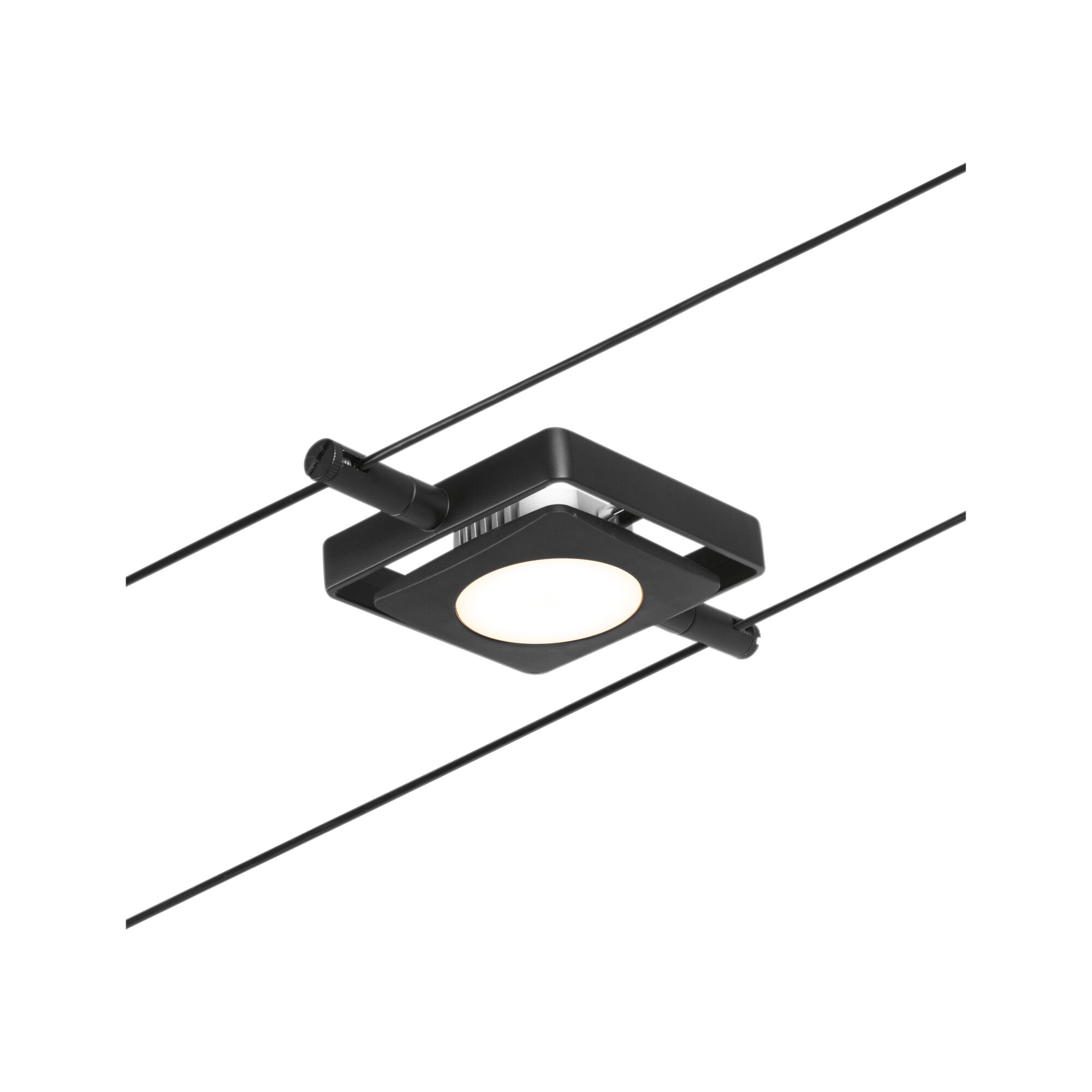 CorDuo LED Seilsystem MacLED Einzelspot 250lm 4,5W 3000K 12V Schwarz matt/Chrom Schwarze LED-Seilstrahlerleuchte mit quadratischem Design und warmweißem Licht für moderne Beleuchtung.