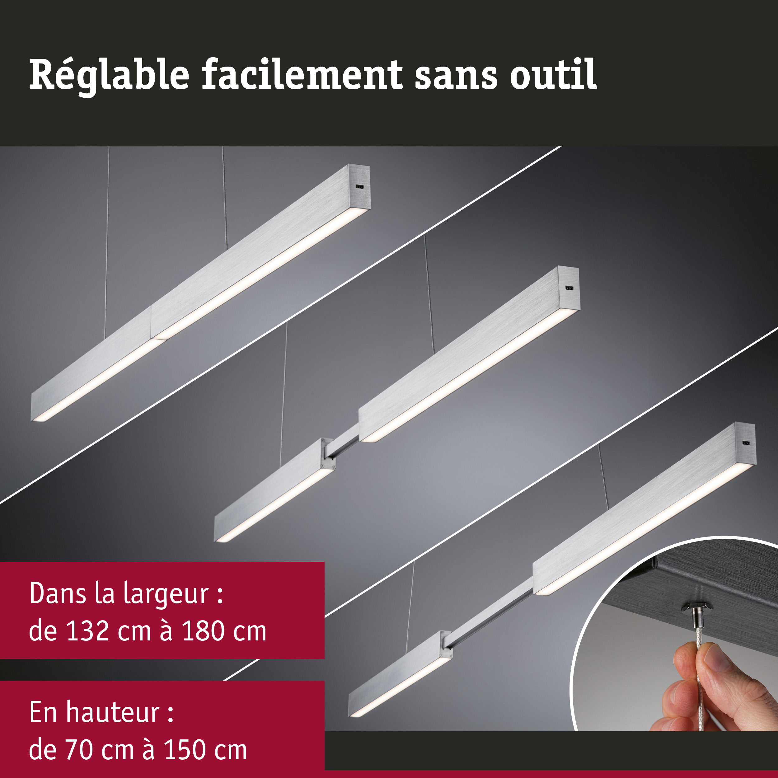 Suspension LED réglable en aluminium brossé argent avec interrupteur à tirette pour éclairage moderne