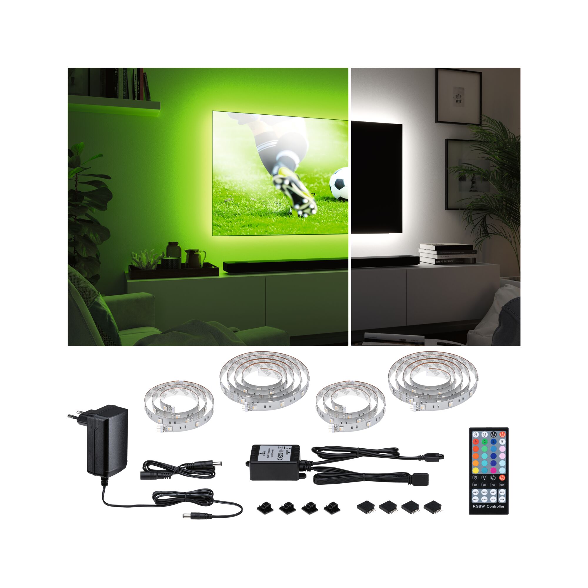 LED-Lichtband Set mit Fernbedienung und Netzteil für farbige TV-Hintergrundbeleuchtung im Wohnzimmer