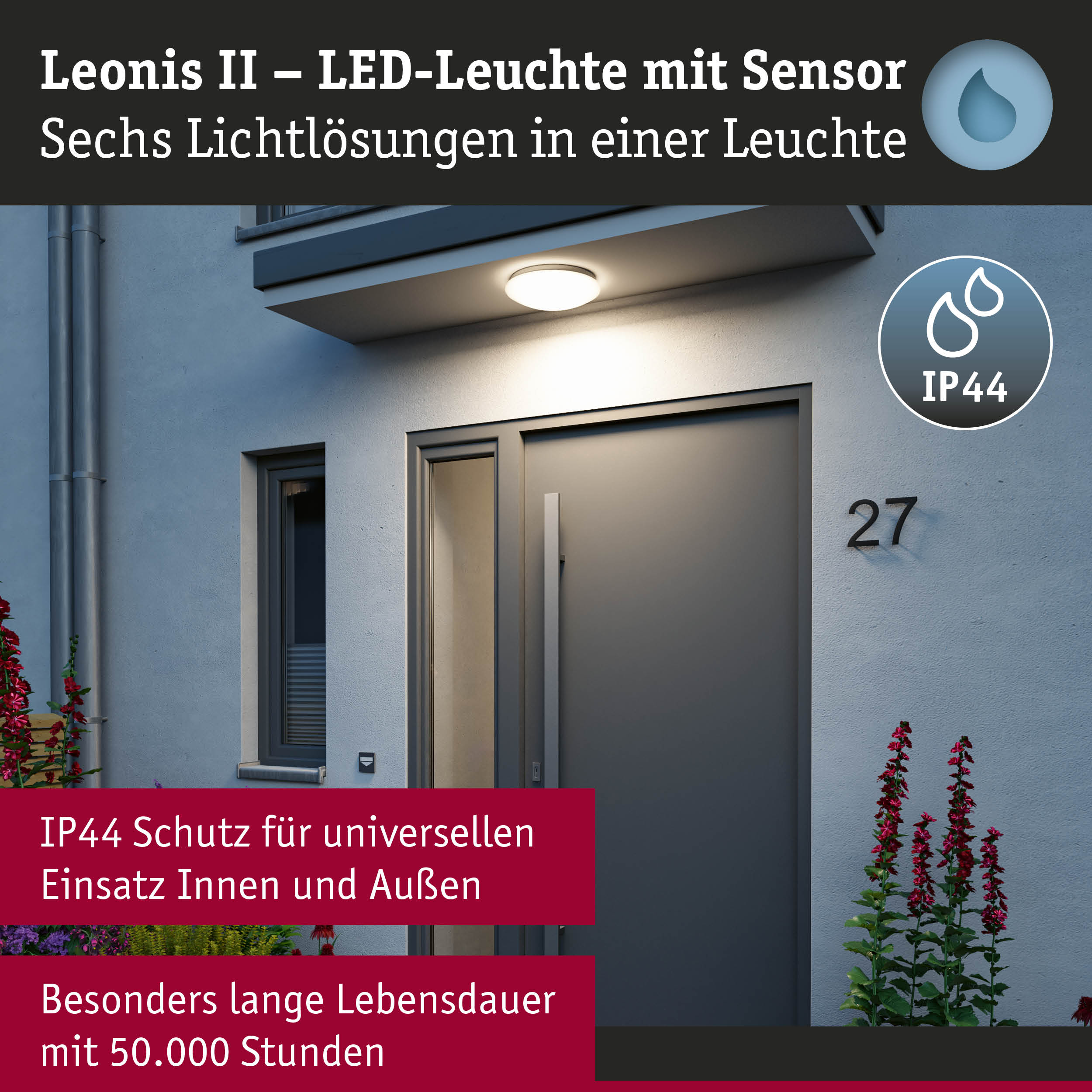 Leonis II LED-Leuchte in Weiß mit Sensor und IP44 Schutz für Außen- und Innenbereiche