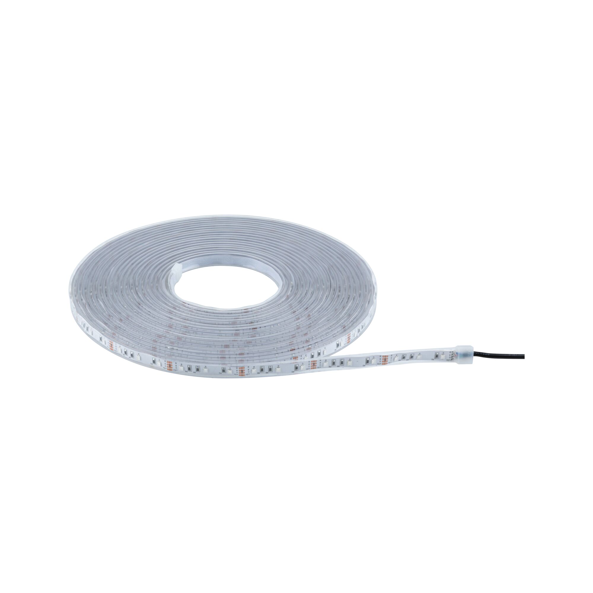 Flexible LED strip light in transparent plastic with white LEDs for versatile lighting solutions.