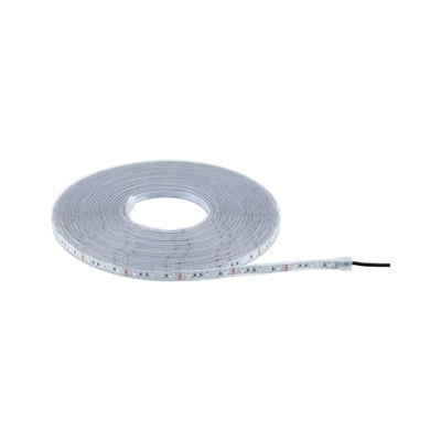 Flexible LED strip light in transparent plastic with white LEDs for versatile lighting solutions.