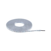 Flexible LED strip light in transparent plastic with white LEDs for versatile lighting solutions.