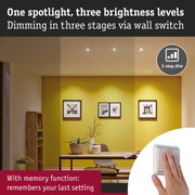 Dimmable ceiling spotlight with three brightness levels and memory function for custom lighting