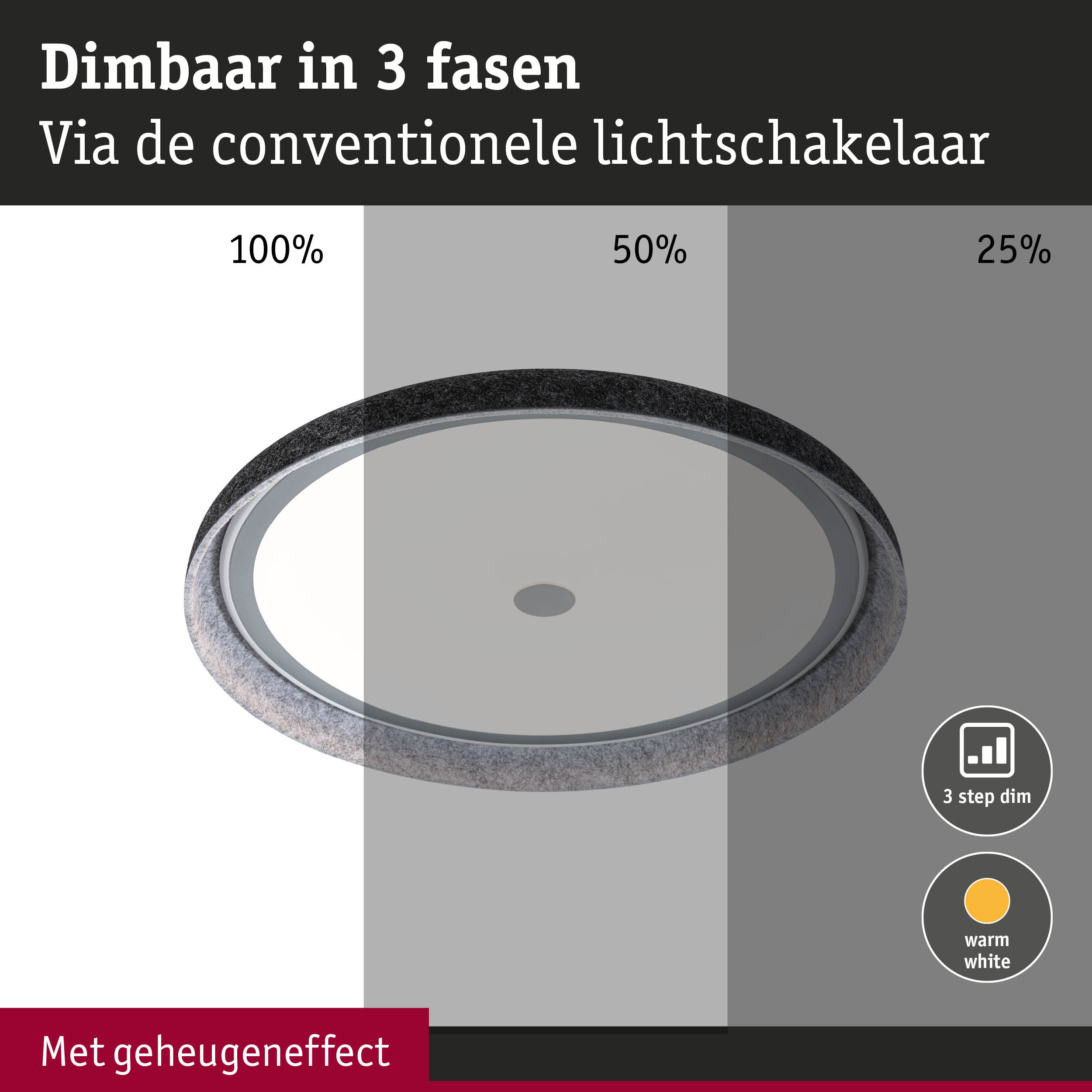 Ronde LED-plafondlamp met grijze rand, dimbaar in 3 stappen, warm wit licht met geheugeneffect