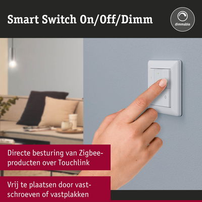 Witte slimme schakelaar voor aan/uit en dimmen op grijze muur met handbediening