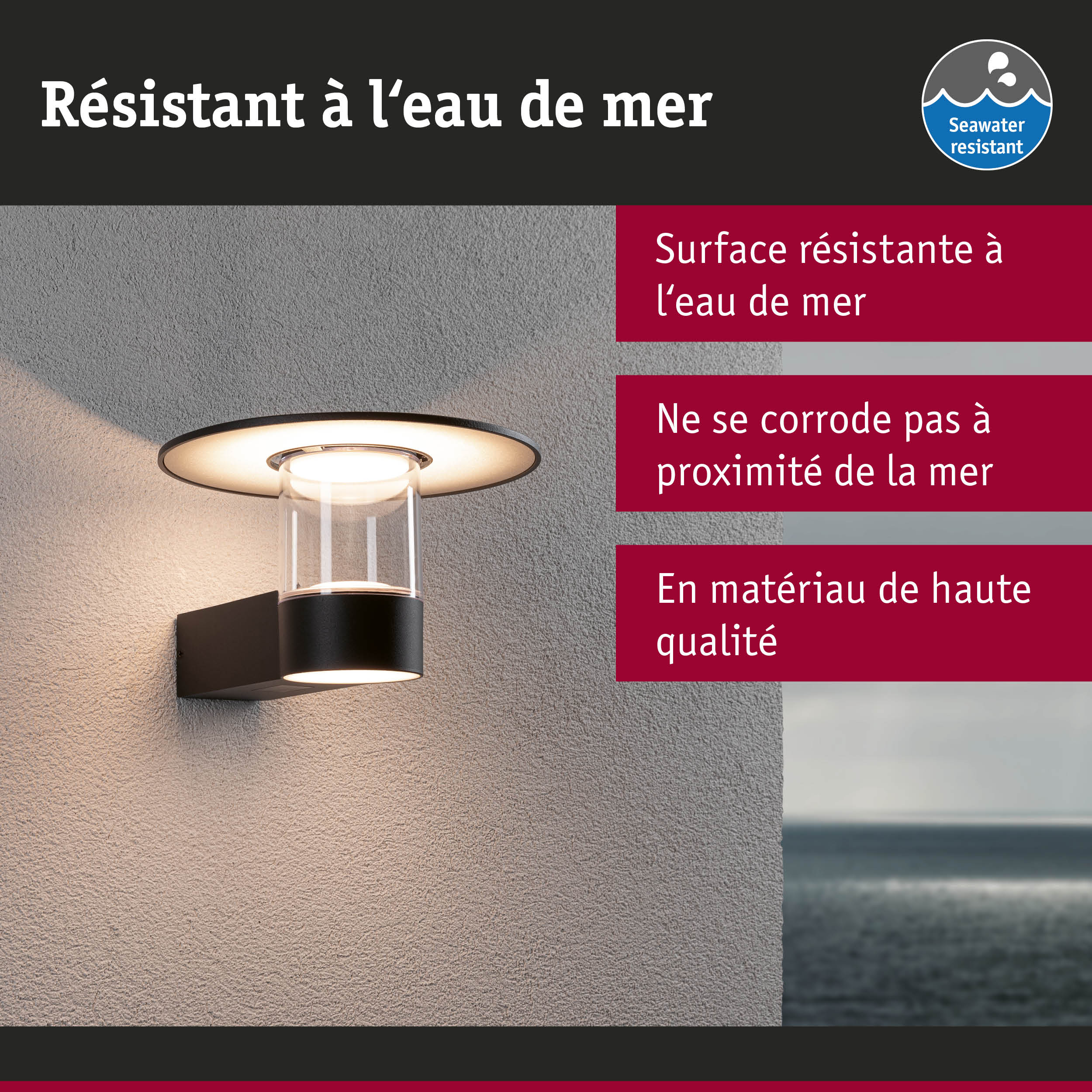 Applique murale extérieure noire avec verre, résistante à l'eau de mer pour usage côtier