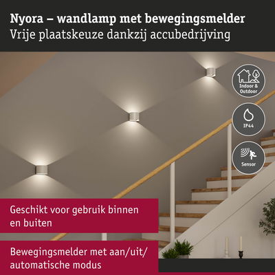 Nyora witte wandlamp met bewegingsmelder, op accu, geschikt voor binnen en buiten gebruik