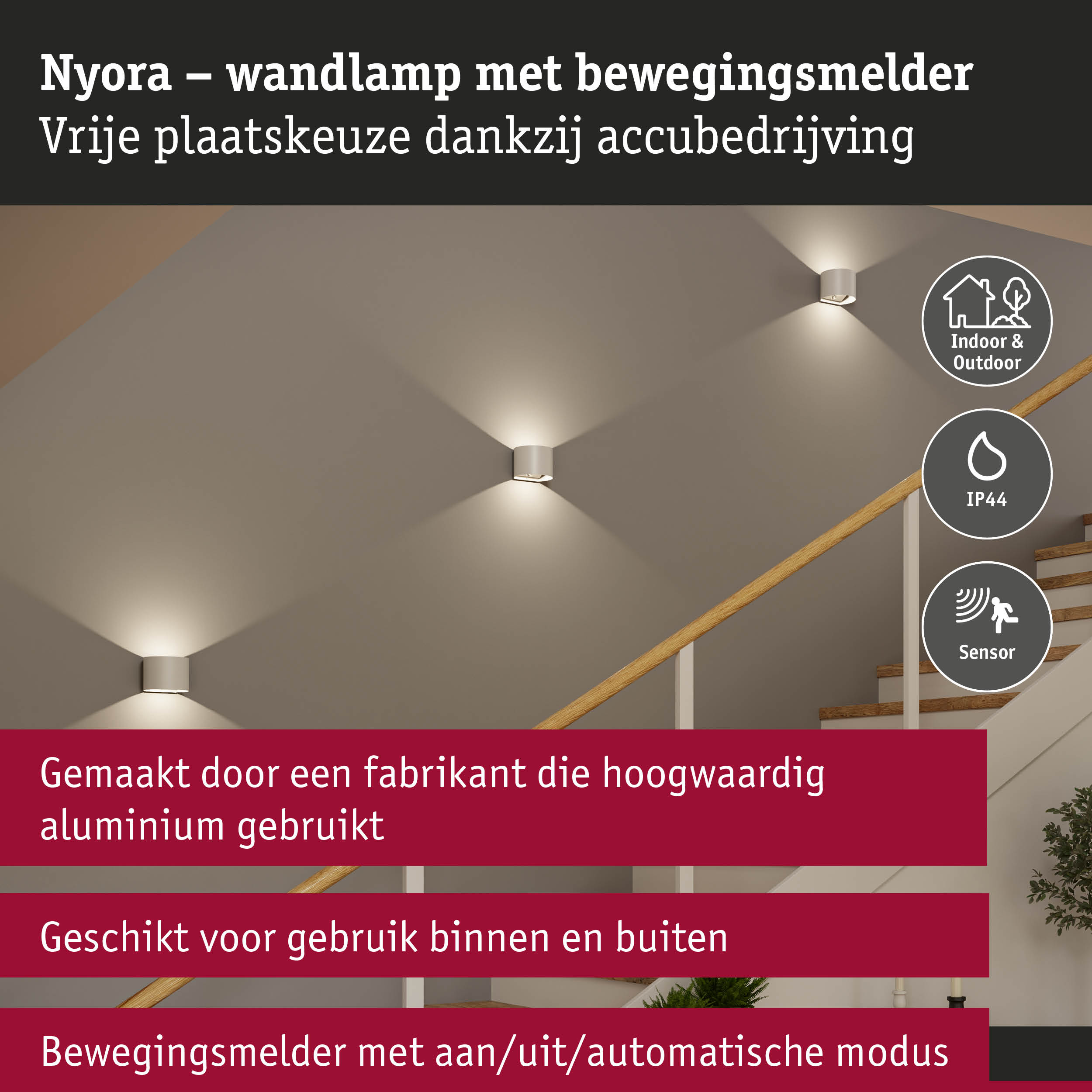 Nyora wandlamp van hoogwaardig wit aluminium met bewegingssensor, geschikt voor binnen en buiten